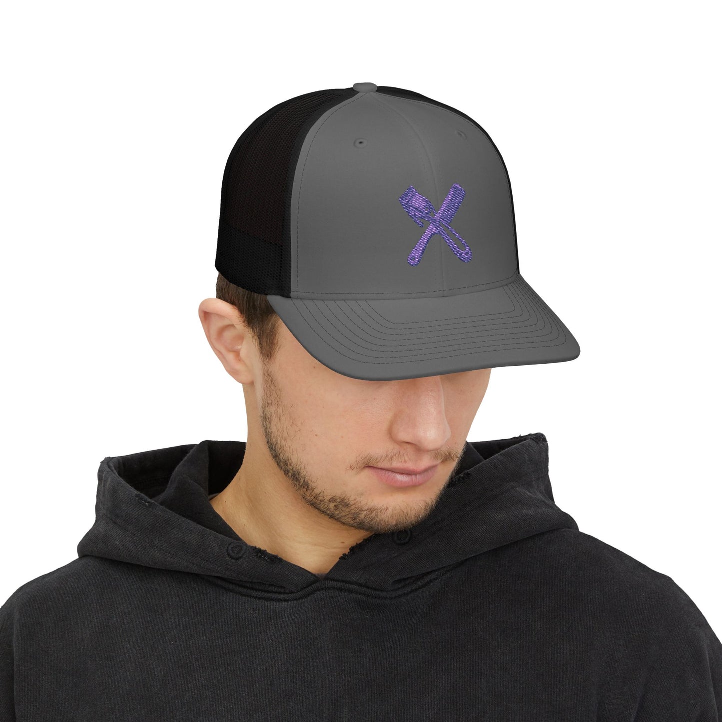 Trucker Cap with Purple Glitter Crossed Clippers & Comb Embroidery