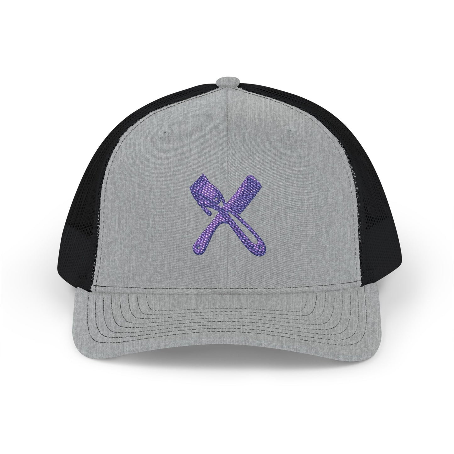 Trucker Cap with Purple Glitter Crossed Clippers & Comb Embroidery