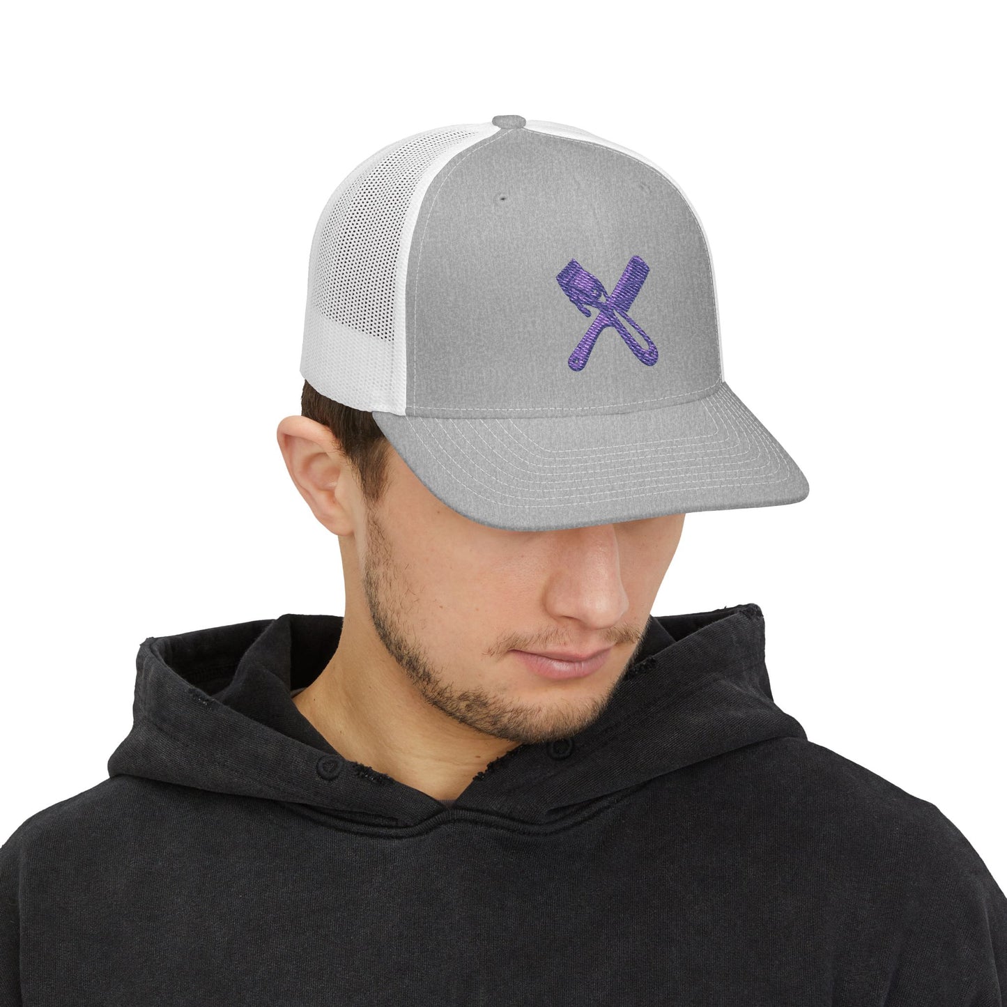 Trucker Cap with Purple Glitter Crossed Clippers & Comb Embroidery