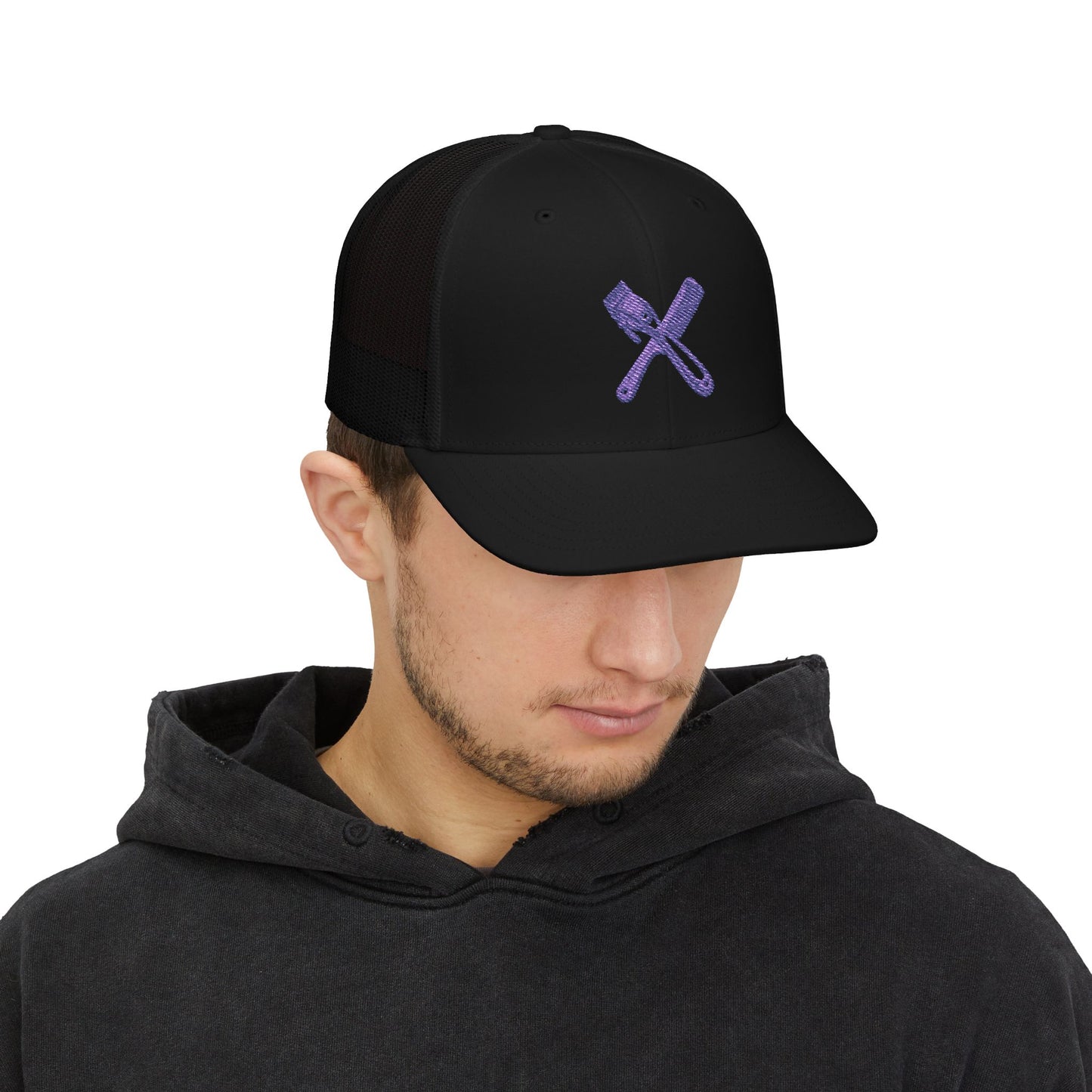 Trucker Cap with Purple Glitter Crossed Clippers & Comb Embroidery