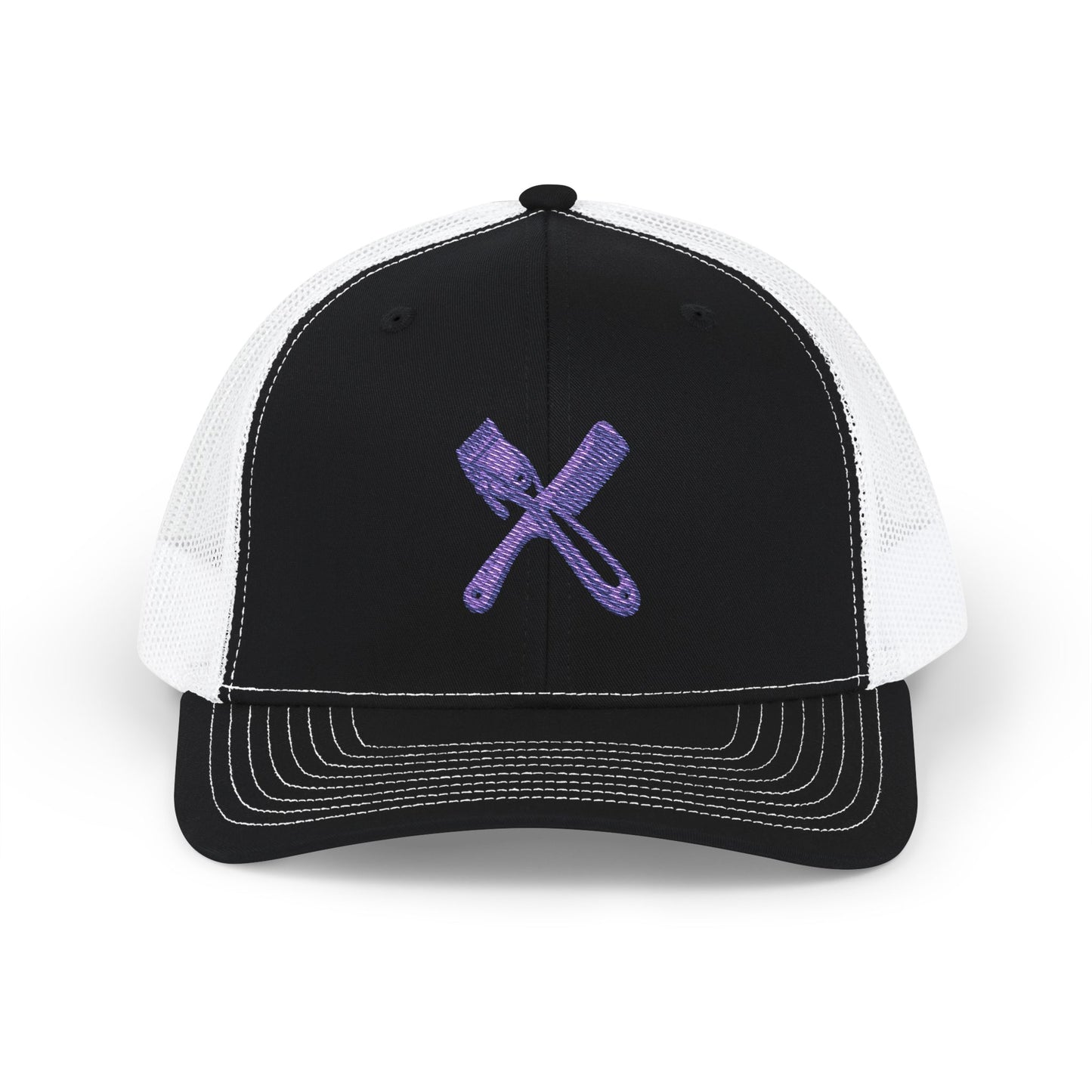 Trucker Cap with Purple Glitter Crossed Clippers & Comb Embroidery