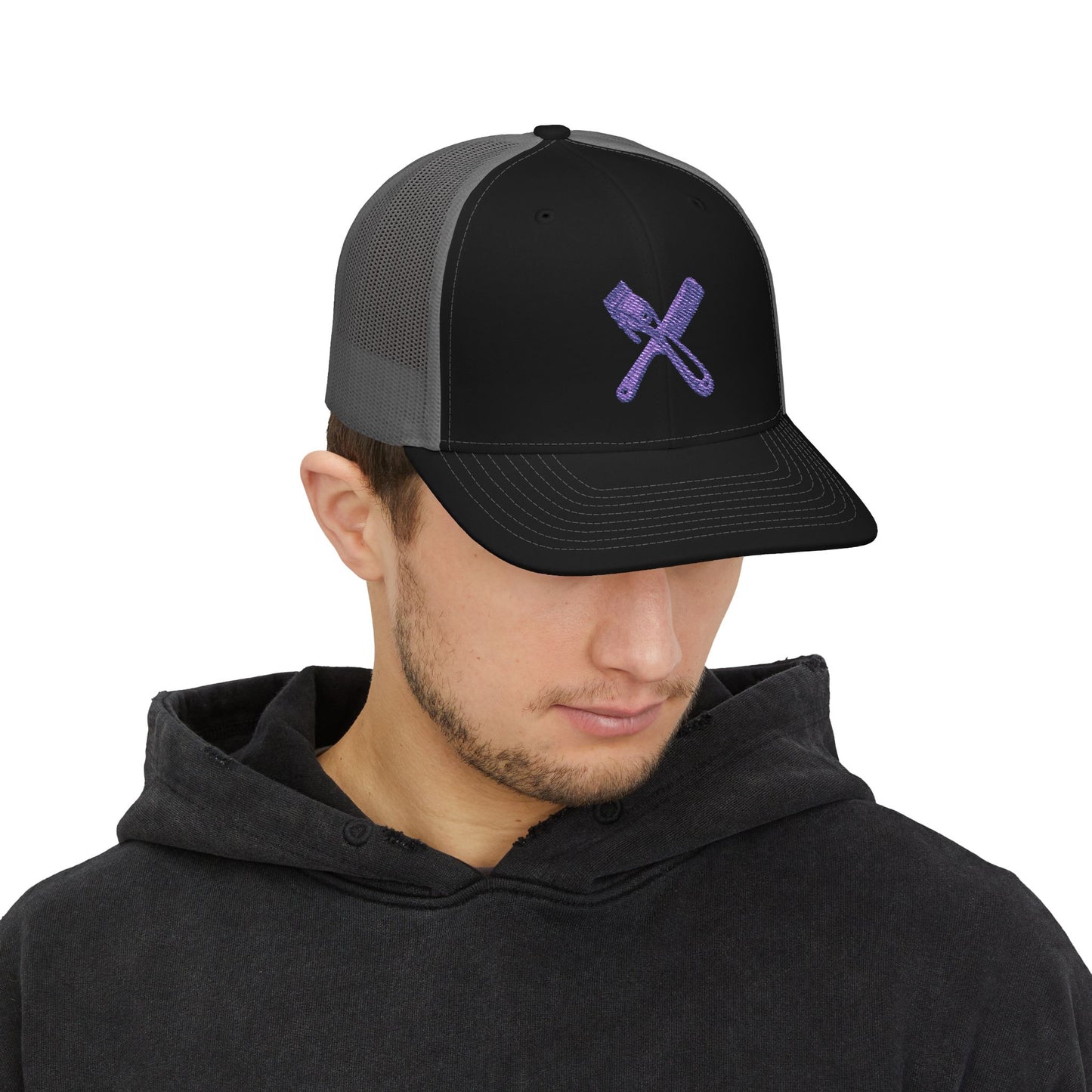 Trucker Cap with Purple Glitter Crossed Clippers & Comb Embroidery