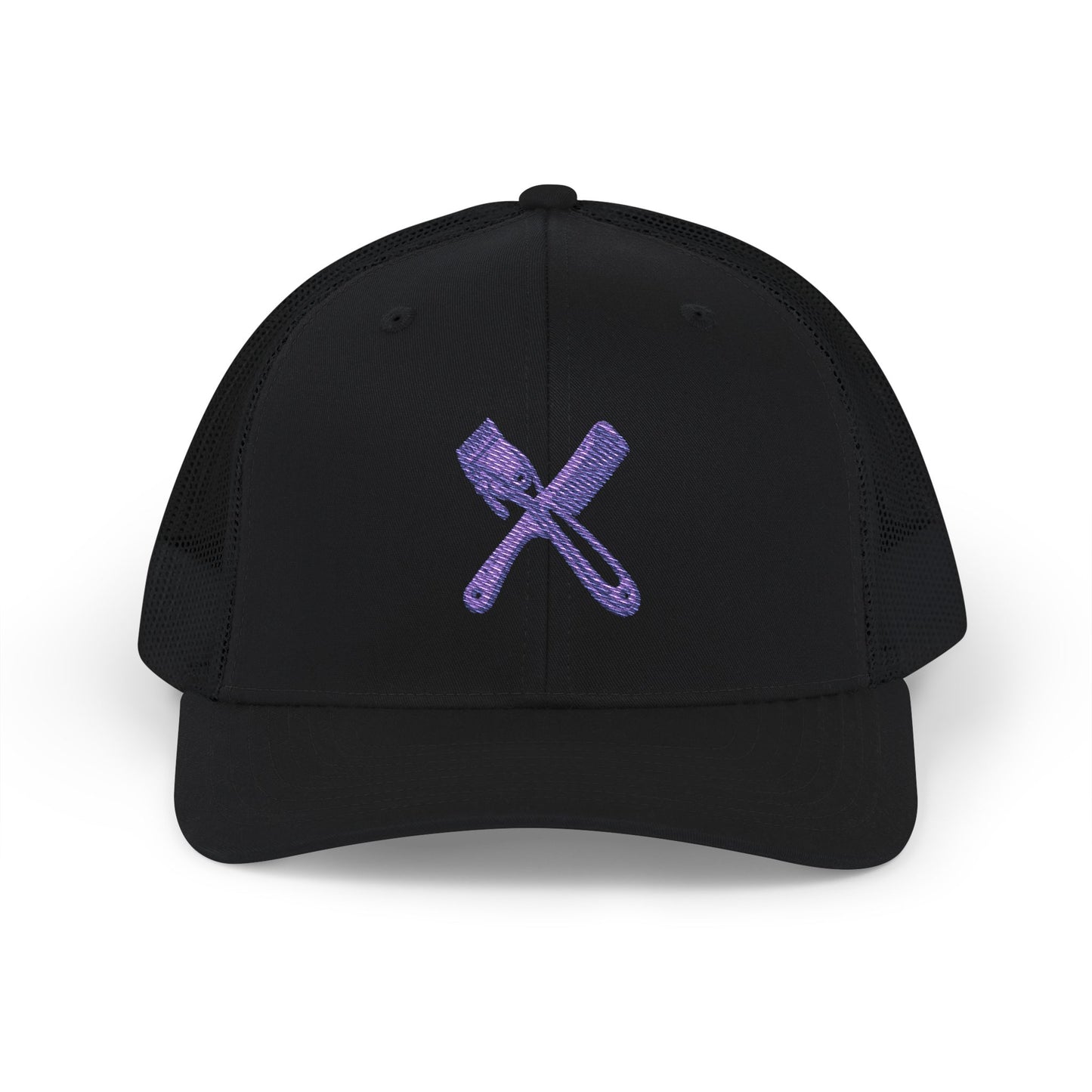Trucker Cap with Purple Glitter Crossed Clippers & Comb Embroidery