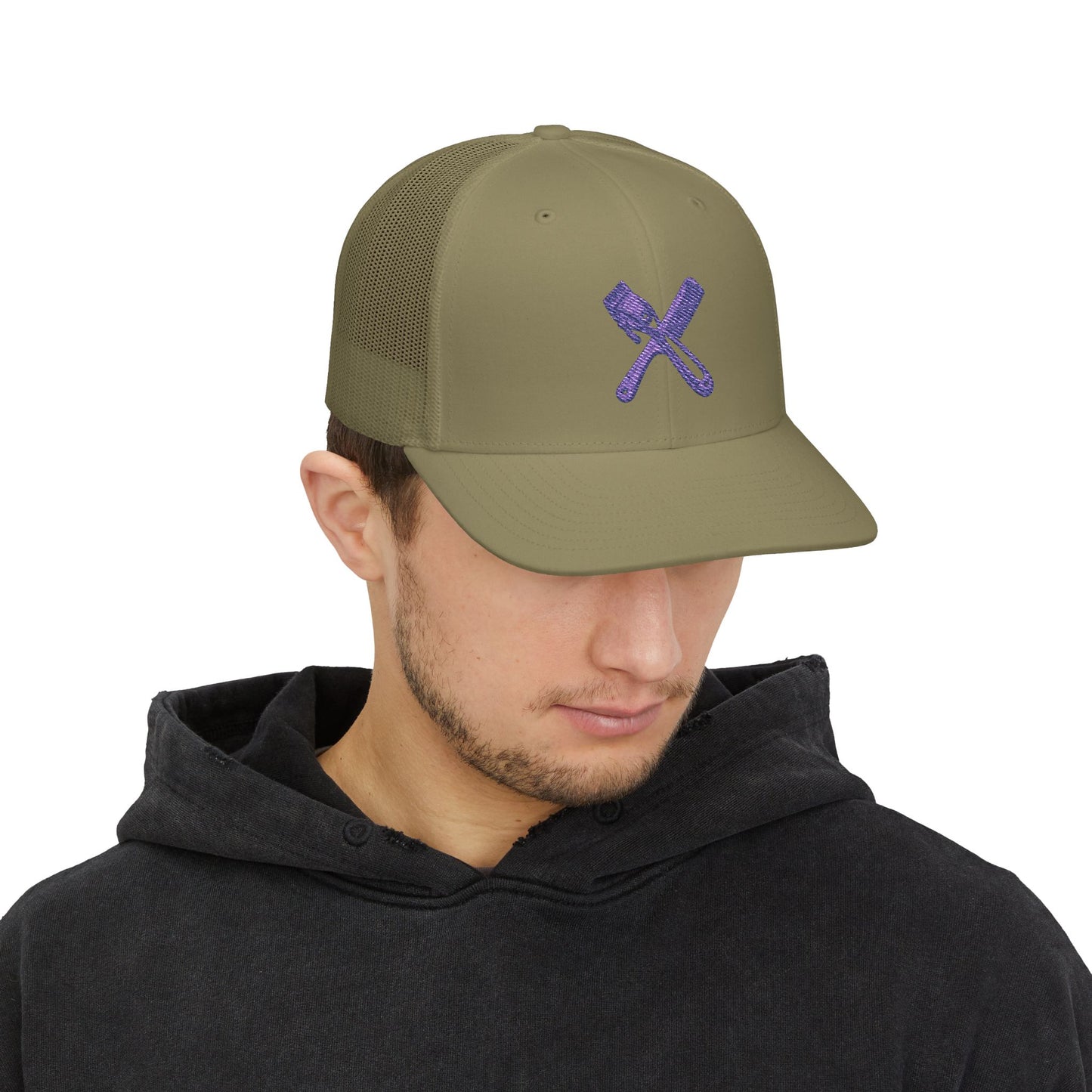 Trucker Cap with Purple Glitter Crossed Clippers & Comb Embroidery