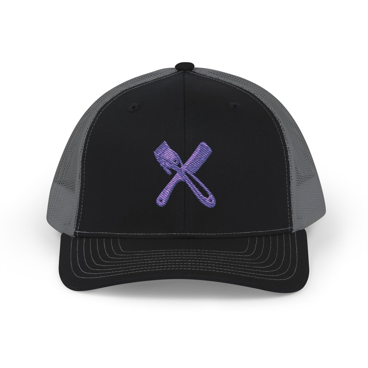 Trucker Cap with Purple Glitter Crossed Clippers & Comb Embroidery