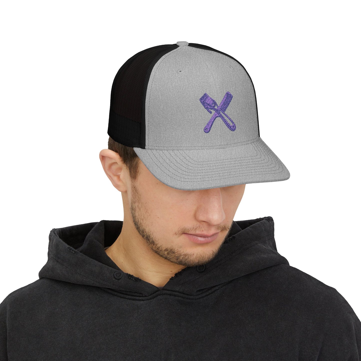 Trucker Cap with Purple Glitter Crossed Clippers & Comb Embroidery