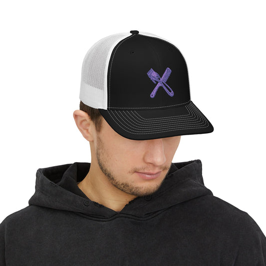 Trucker Cap with Purple Glitter Crossed Clippers & Comb Embroidery